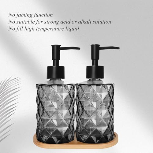 12oz Black Glass Hand and Dish Soap Dispenser Set, Diamond Design, Set of 2 | Bathroom Soap Dispenser with Plastic Pumps, Bamboo Tray for Hand Wash & Dish Wash, for Bathroom Kitchen Countertop - color: Black