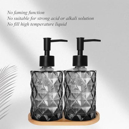 12oz Black Glass Hand and Dish Soap Dispenser Set, Diamond Design, Set of 2 | Bathroom Soap Dispenser with Plastic Pumps, Bamboo Tray for Hand Wash & Dish Wash, for Bathroom Kitchen Countertop - color: Black