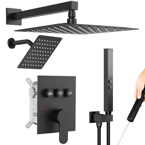 Shower Systems with Rain Shower and Handheld,STARBATH Dual Head 12+6" Rainfall Shower Can Run All Together, Wall Mount Shower Faucet Set with Pressure Balance Valve and Trim Kit, Matte Black - color: Matte Black, size: 6+12 inch-08