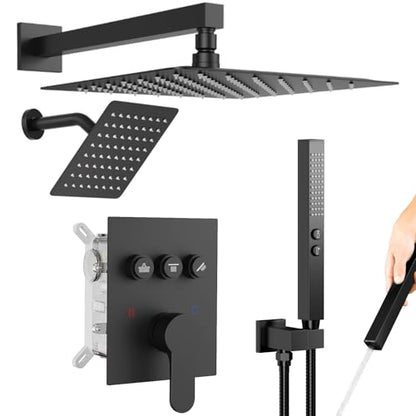 Shower Systems with Rain Shower and Handheld,STARBATH Dual Head 12+6" Rainfall Shower Can Run All Together, Wall Mount Shower Faucet Set with Pressure Balance Valve and Trim Kit, Matte Black - color: Matte Black, size: 6+12 inch-08