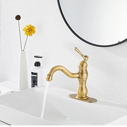 Antique Brass Bathroom Faucet GGStudy 360° Swivel Bathroom Vanity Faucet Single Handle One Hole Bathroom Sink Faucet Basin Matching Pop Up Drain with Overflow - color: Antique Brass, size: Short