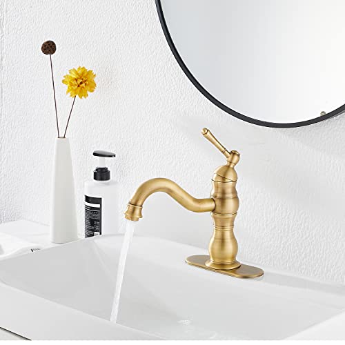 Antique Brass Bathroom Faucet GGStudy 360° Swivel Bathroom Vanity Faucet Single Handle One Hole Bathroom Sink Faucet Basin Matching Pop Up Drain with Overflow - color: Antique Brass, size: Short