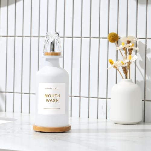 11.8OZ Mouthwash Dispenser for Bathroom, White | Bamboo & Stainless Steel Pour Spout, Mouthwash Cup Reusable, Bamboo Tray, Elegant Gold Label - color: White/350*1