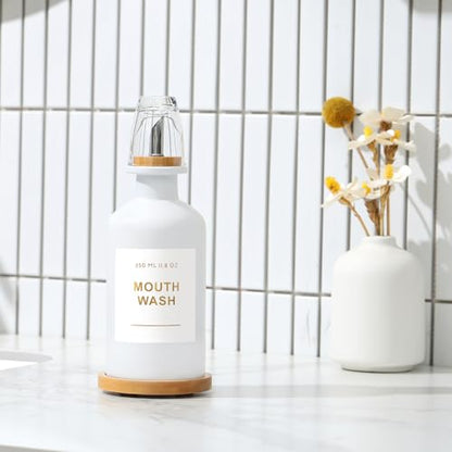11.8OZ Mouthwash Dispenser for Bathroom, White | Bamboo & Stainless Steel Pour Spout, Mouthwash Cup Reusable, Bamboo Tray, Elegant Gold Label - color: White/350*1