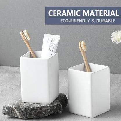White Ceramic Toothbrush Holder - Square Bathroom Toothbrush Holder, Toothbrush Cup Holder Aesthetic Toothpaste Holder, Modern Family Size Toothbrush Organizer, Bathroom Tumbler Cup - color: White, size: 1pcs