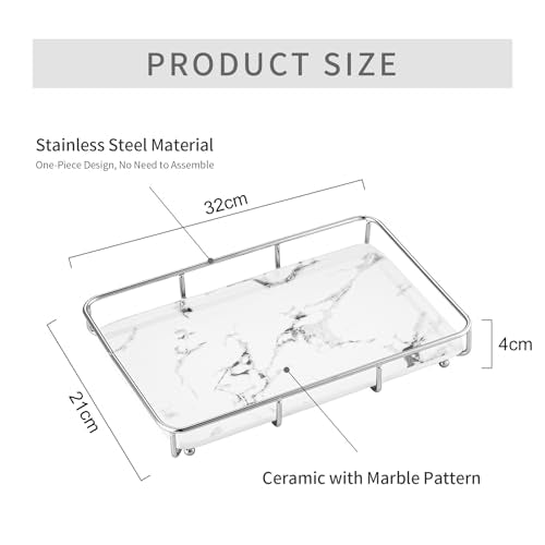 Dobbyby Vanity Tray Makeup Organizer Cosmetics Storage Bathroom Skincare Organizer Countertop Display Rack in Dresser Stainless Steel Shelf Marble Print Ceramic Trays - color: 1 Tier-sliver