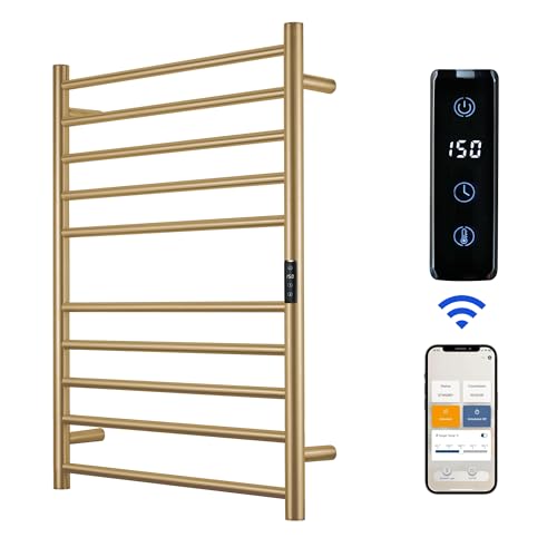 Electric Towel Rack with Voice Control for Alexa & Google Home,TUYA-Wall-Mounted Bathroom Heating Towel Warmer,Stainless Steel Material,31.5x20.08x4.41in,Plug-in,Gold，10 Bars - color: Gold With Wifi, size: 10 Bar