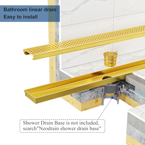 Neodrain 30" Linear Shower Drain, Gold 304 SS Bathroom Linear Drain,cUPC | Gold Shower Drain with Quadrato Grate& Adjustable Feet, Long Rectangle Shower Floor Drain in Bathroom, Balcony etc - color: Golden, size: 30 In