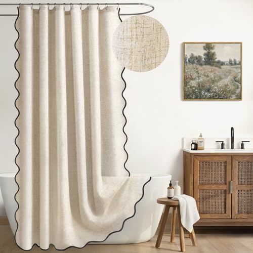 Extra Long Shower Curtains 84 Inch Linen Beige Cute Black Scalloped Boho Modern Shower Curtains for Bathroom Set, 72" W x 84" L