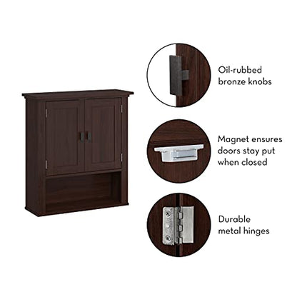 RiverRidge Hayward 2-Door Bathroom Wall Medicine Cabinet, Dark Woodgrain | Open Display Shelf, Adjustable Interior Shelf, Laundry Storage, Wall-Mounted Over the Toilet Space-Saving Cabinet - color: Dark Woodgrain