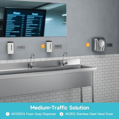 AIKE Automatic Foaming Soap Dispenser 25oz for Bathroom,Mattewhite AK1205FA | Rich Foam and Stainless Steel,No-drill and Screw Wall Mount,5-Level Adjustable and Key for Commercial(Batteries Not Included) - color: Matte White Stainless Steel