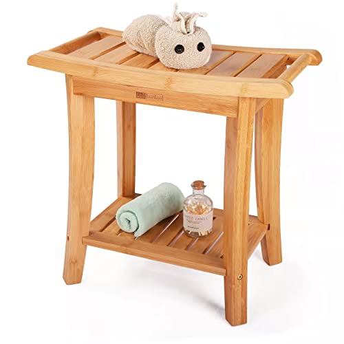 Unibambou Bamboo Shower Bench with Storage Shelf, Wooden Spa Bath Deluxe Organizer Shower Stool for Inside Shower, Bathroom Bench Seat for Adults Elderly Seniors for Indoor or Outdoor Use - color: Natural, size: Medium 19x10x18 Inch