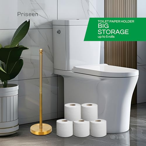Toilet Paper Holder Stand Storage 5 Paper Rolls, Gold Freestanding TP Roll Holder, Stainless Steel (Gold)