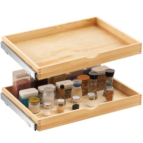 Menkxi 2 Set Wooden Pull out Cabinet Organizer Fully Assembled Slide out Pantry Drawer with Gentle Close Storage Shelf Tray for Base Kitchen Under Sink Bathroom Accessory(Wood Color,30'' X 21'' X 3") - size: 30'' X 21'' X 3"
