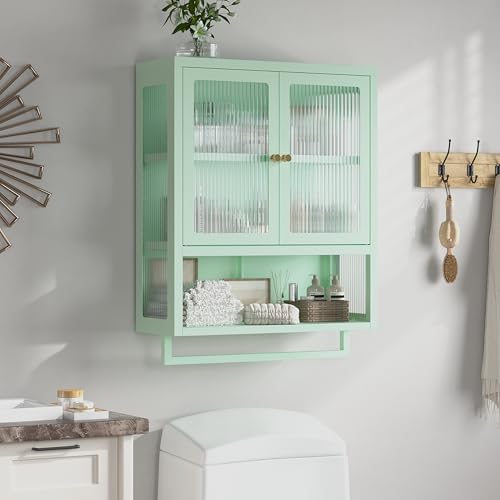 Bathroom Wall Cabinet with 2 Glass Door, Bathroom Medicine Cabinet with Towels Bar and Shelves, Over The Toilet Storage Cabinet, Metal Wall Mounted Cabinet for Laundry Room Kitchen (Green) - color: Green
