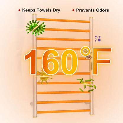 Electric Towel Warmer Rack,Heating Towel Warmer,Timer & Temperature Control,Wall-Mounted Plug-in for Bathroom,Brushed,Stainless Steel,10-Bar(31.5x20.08x4.41in) - color: Round-matte Brushed With Gold Top, size: 10 Bars
