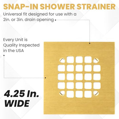 4-1/4” Square Snap-in Brushed Gold Shower Drain - Durable Replacement - 4.25 inch Durable Floor Cover -Snap-in Prongs - Easy Installation Universal Grate Stainer - color: Brushed Gold