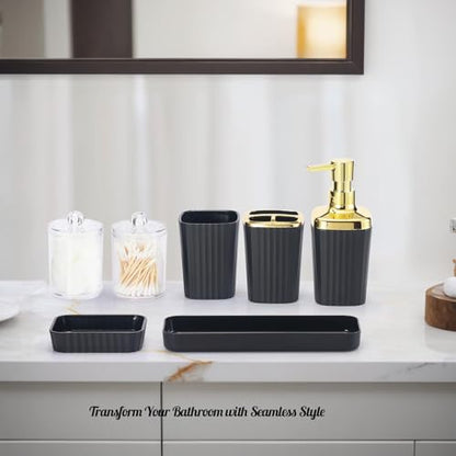 9 PCS Black Bathroom Accessories Set with Trash Can Bathroom Accessory | All-in-One Kit with Trash Can,Toothbrush Holder,Soap Dispenser,Toothbrush Cup,Vanity Tray,Soap Dish,Toilet Brush etc for Home - color: Black