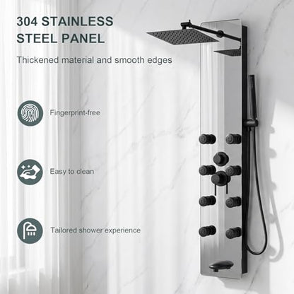 Shower Panel - Adjustable Rainfall Head, Black | Stainless Steel and Glass, Multifunction Shower Panels Tower System, Handheld Shower 2-Setting Body Jets, Tub Spout - color: Black, style: 4 IN 1 Shower Panel