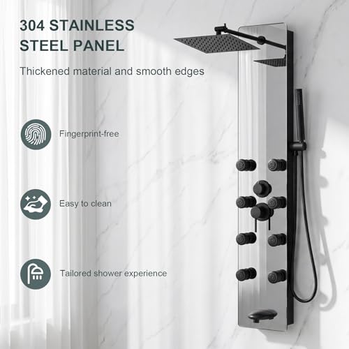 Shower Panel - Adjustable Rainfall Head, Black | Stainless Steel and Glass, Multifunction Shower Panels Tower System, Handheld Shower 2-Setting Body Jets, Tub Spout - color: Black, style: 4 IN 1 Shower Panel