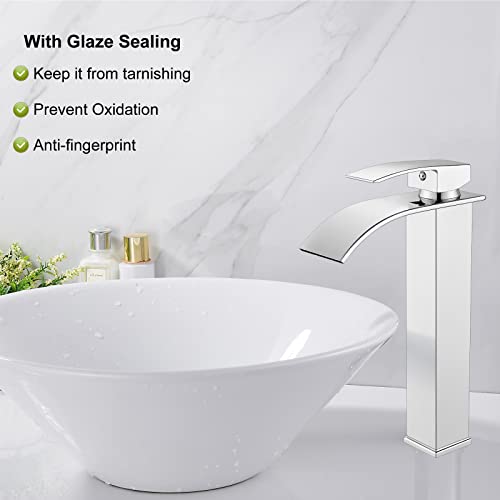Midanya Waterfall Tall Bathroom Vessel Sink Faucet,Polish Chrome | with 24” cUPC Water Hoses,Pop Up Drain without Overflow,for 1 hole Vanity,RV,Lavatory,Bowl,Farmhouse,SUS304,Single Handle - color: Chrome