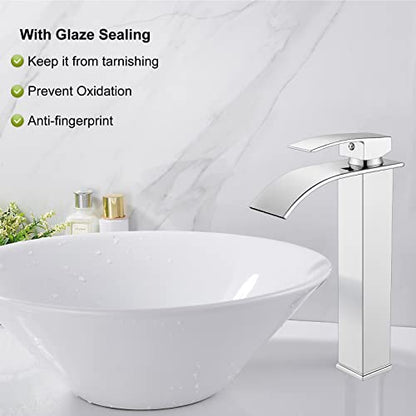 Midanya Waterfall Tall Bathroom Vessel Sink Faucet,Polish Chrome | with 24” cUPC Water Hoses,Pop Up Drain without Overflow,for 1 hole Vanity,RV,Lavatory,Bowl,Farmhouse,SUS304,Single Handle - color: Chrome