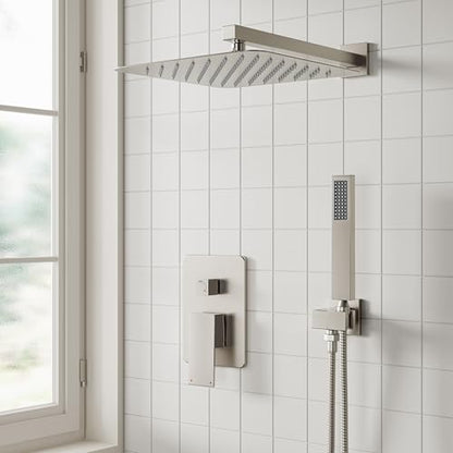 ESNBIA Shower System, 12 Inches Pressure Balance Shower Faucet Set, Rain Shower Heads with Handheld Spray Combo, High Pressure Rainfall Shower Head System, Wall Mounted Shower Fixtures, Brushed Nickel - color: Brushed Nickel, style: 12 Inches