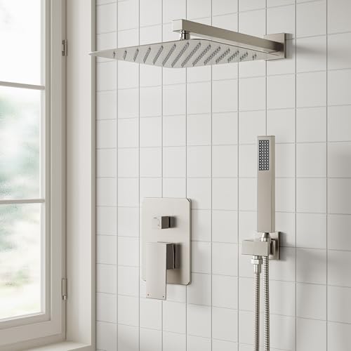 ESNBIA Shower System,10 Inches Shower Faucet Set with Pressure Balance Valve, Rain Shower Head with Handheld Spray Combo, Brushed Nickel - color: Brushed Nickel, style: 10 Inches