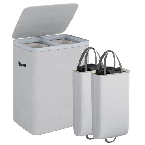 CASAMAYA Laundry Basket with Lid, Laundry Hamper 2 Section, 170L collapsible Laundry Organizer, Easy Assembly, with Handles and Removable Liners, 22 x 15.7 x 29.5 Inches, Gray JSP903G - color: Gray, size: 170L(2-Section)