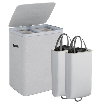 CASAMAYA Laundry Basket with Lid, Laundry Hamper 2 Section, 170L collapsible Laundry Organizer, Easy Assembly, with Handles and Removable Liners, 22 x 15.7 x 29.5 Inches, Gray JSP903G - color: Gray, size: 170L(2-Section)