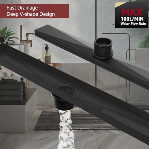 24 Inch Linear Shower Drain, Matte Black Shower Drain, Removable Grate, 304 Stainless Steel, Easy to Install and Clean for Bathrooms (Drain Base Not Included), LSD-15B-24B - size: 24 inch