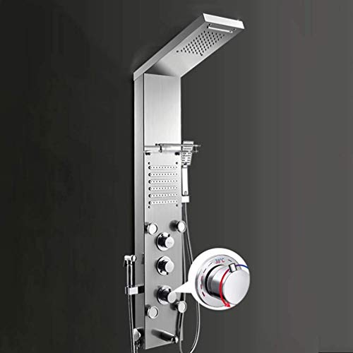 Shower Thermostatic Waterfall Rainfall Shower Panel Tower Shower Shower Column Body Massage Jets Hand Shower Tub Spout Wall Mounted Shower Panel,Silver,A - color: Silver, size: A