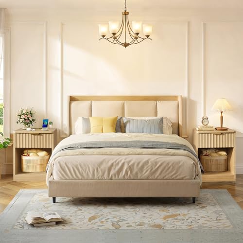 Fluted Nightstands Set of 2, Bed Side Table with Charging Station and LED Light, Night Stand with Storage Drawer and Open Shelf, End Table for Small Space, Bedroom, Natural - color: Unbzx025rd2-zf