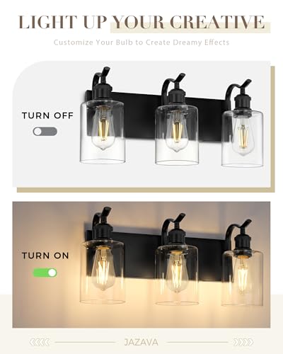 3-Light Black Bathroom Light Fixture Over Mirror, Modern Vanity Light, Clear Glass Wall Sconce, VL01BK-3 - color: Black & Clear Glass, size: 3 LIGHT