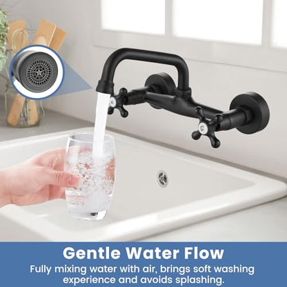 Airuida 8 Inch Center Matte Black Wall Mount Kitchen Sink Faucet | Double Cross Handle,Adjustable Center,6 Inch(15cm) Spout - color: Matte Black