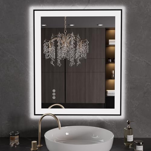 LOAAO 24"X30" LED Bathroom Mirror Black Framed | Anti-Fog, Dimmable, Memory Function, Tempered Glass, Lighted Vanity Mirror for Wall - size: 24"L x 30"W