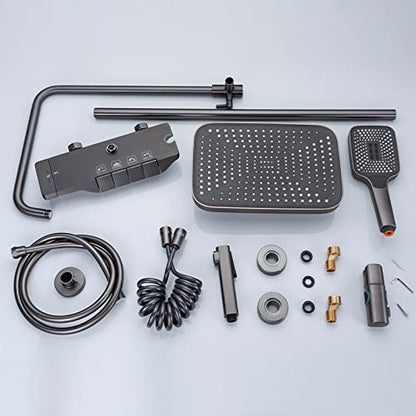 Thermostatic Shower System Exposed Shower Faucet Set Wall-Mounted Bathroom Shower Fixture with Rain Shower Head,3 Mode Handheld Shower,Height Adjustable Shower Rail Set (Black) - color: Black