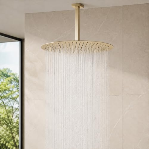 16 Inch Rainfall Shower Head, BSTIIU Stainless Steel Round Shower Head, Extra Large Ceiling Mount Shower Heads, Brushed Gold - color: Brushed Gold, size: 16-Inches, style: Round