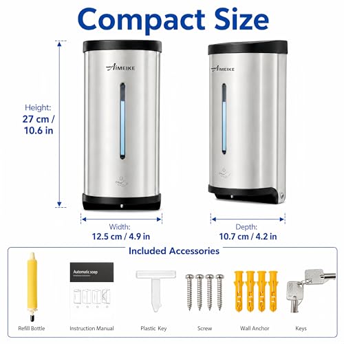 Automatic Wall-Mount Soap Dispenser, 800 mL Stainless Steel | Touchless 800 mL wall dispenser with viewing window, keyed lock and low-liquid indicator; requires 6 AA batteries. - color: 2000 Silver