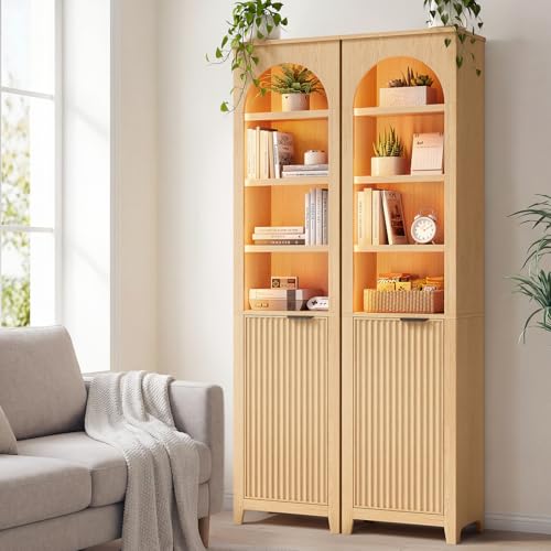 71'' Tall Bathroom Storage Cabinet with Light, 7-Tier Freestanding Narrow Bathroom Cabinet with Adjustable Shelf, Fluted Slim Storage Cabinet for Small Spaces, Bathroom, Living Room, Oak