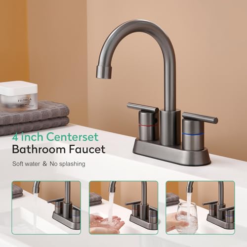 Faustina Gery Bathroom Faucet, 4 Inch Centerset Faucet for Sink 2 Holes 3 Holes，Two Handles 304 Stainless Steel with Pup up Drain Assembly and 2 Water Supply Lines for RV Vanity - color: Gery, style: Modern Centerset