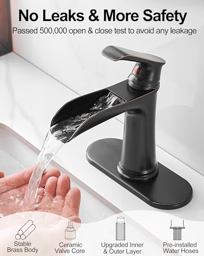 Brass Waterfall Faucet, Oil Rubbed Bronze Bathroom Faucet, 4 Inch Bathroom Sink Faucet 1 Hole or 3 Holes, 1 Handle Bathroom Faucets with Pop Up Drain Deck Plate Supply Hose for Antique Farmhouse - color: Oil Rubbed Bronze - Antique