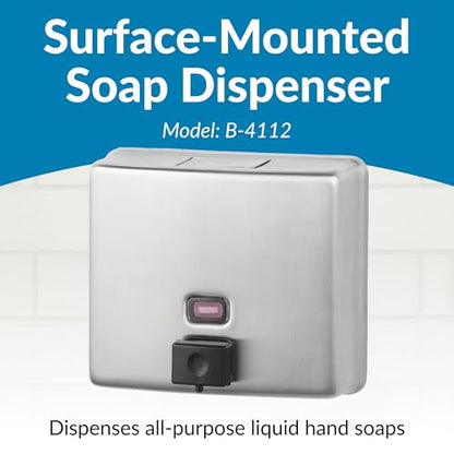 Bobrick Wall-Mounted Liquid Soap Dispenser, Satin-Finish Stainless Steel, 40 fl-oz Capacity, Vandal-Resistant Design with Refill Indicator Window, Top Fill Commercial Bathroom Accessory (Model B-4112) - size: 3.31"L x 7"W x 6.13"H, style: B-4112