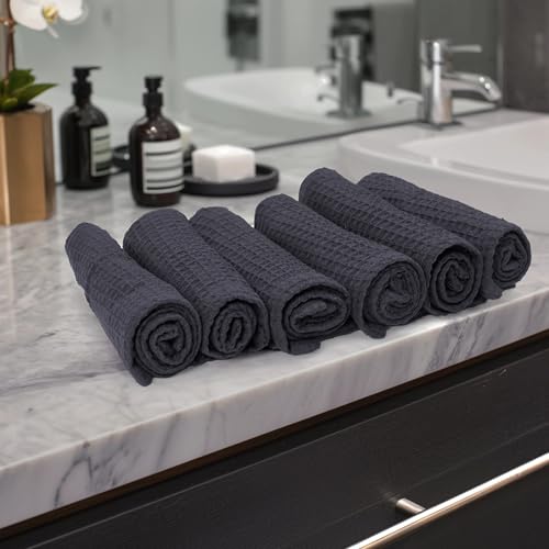 Encasa XO' Waffle Weave Face & Hand Towels – 12"x12", Grey Washcloths Set of 6 – Quick Drying for Bathroom, Gym, Kitchen & Travel – Small Reusable Dish Cloths & Face Wipes for Everyday Use - color: Grey, size: 12x12 in (Set of 6)