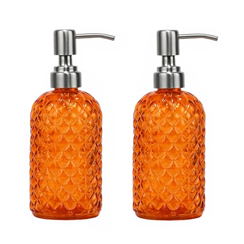 16 oz Diamond Pattern Glass Soap Dispenser, Kitchen and Bathroom Refillable Soap Dispenser with Rust Resistant Stainless Steel Pump for Hand Soap, Lotion Glass Liquid Dispenser (2pack) - color: Orange-2pack
