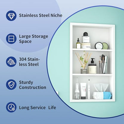 Stainless Steel Shower Niche 14"x 24" White with 3-Tier Shelf Recessed Niche Shower for Bathroom Wall No Tile Needed Medicine Cabinets - color: White, size: 14"x24"