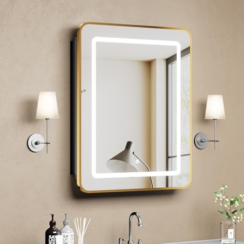 LOVMOR Led Medicine Cabinet with Mirror, Bathroom Vanity Mirror Cabinet with Shelves, 3-Color Lights Dimmer (Gold, 24" H x 16" W) - color: Gold, size: 24" H x 16" W