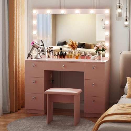 VOWNER Vanity with Lighted Mirror - Makeup Vanity Desk with Glass Top, 7 Drawers and Power Outlet, 3 Color Lighting Modes Adjustable Brightness, 44" Vanity Table with Stool for Women Girls, Pink - color: Pink