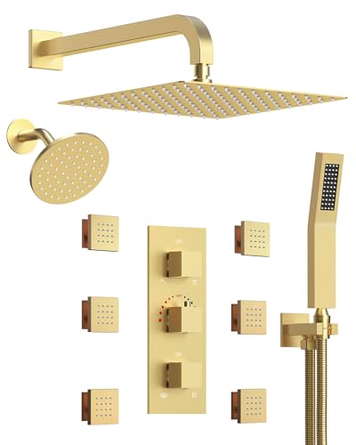Wall Mount 12" High-Pressure Rainfall Shower Faucet, Dual Rainfall Shower Head System with 6 Body Jets (Brushed Gold) | Wall Mount, High-Pressure, Dual Rainfall Shower Head System, 6 Body Jets - color: Brushed Gold