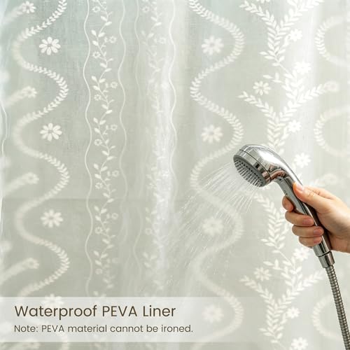 Olive Green Floral Linen Shower Curtain Set with Liner,72" Wx72 L | Double Layer Shower Curtain Waterproof Fabric with Zippered Removable PEVA Liner,Boho Shower Curtain for Bathroom,Free Hooks - color: Green Floral